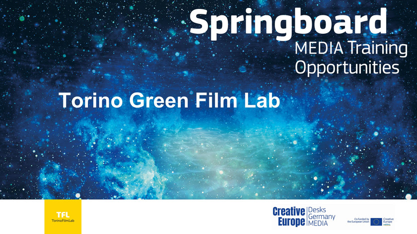 Springboard MEDIA Training Opportunities. Torino Green Film Lab. Logoer. Illustrasjon.