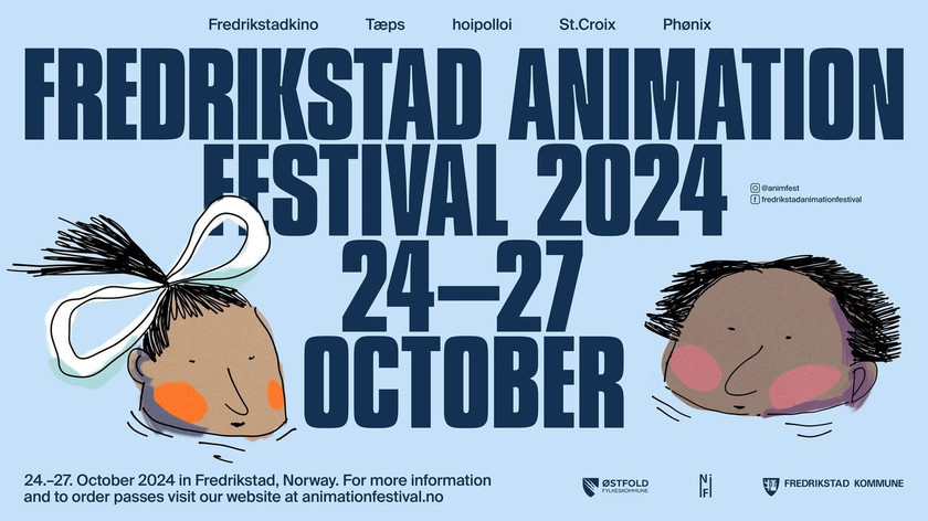 Illustrasjon. Mørkeblå skrift på lyseblå bunn. Tegning av to hoder. Fredrikstad Animation Festival 2024 24-27 October. Logoer.