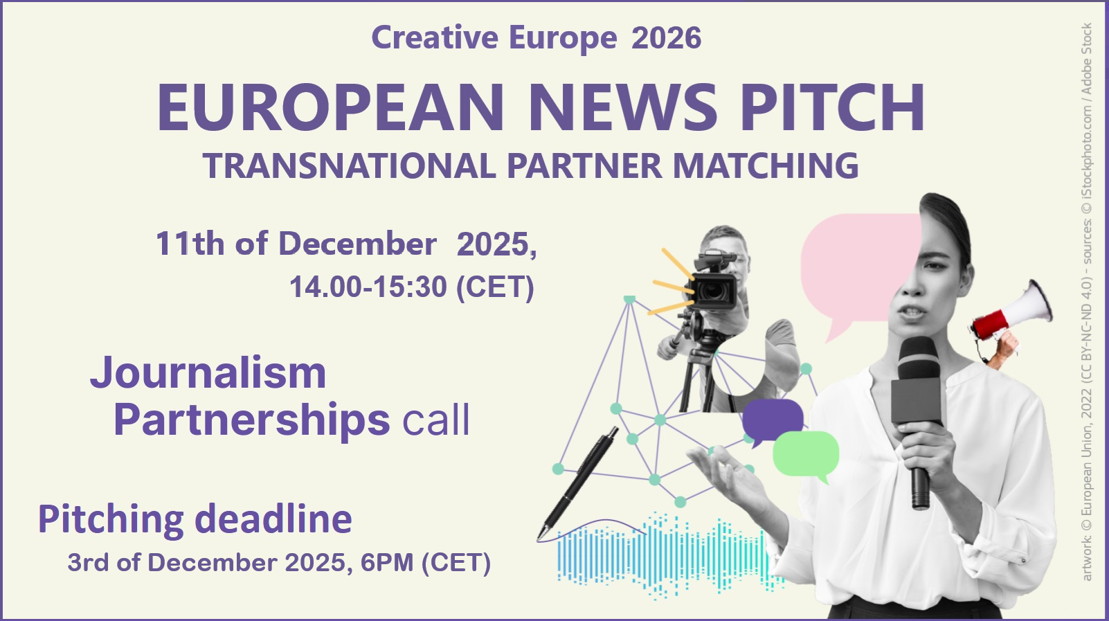 Illustrasjon. Creative Europe 2026. European News Pitch. Transnational partner matching. 11th December 2025, 14.00-15.00 (CET). Journalism Partnership call. Pitching deadlinge 3rd of Dec. 2025, 6pm (CET).