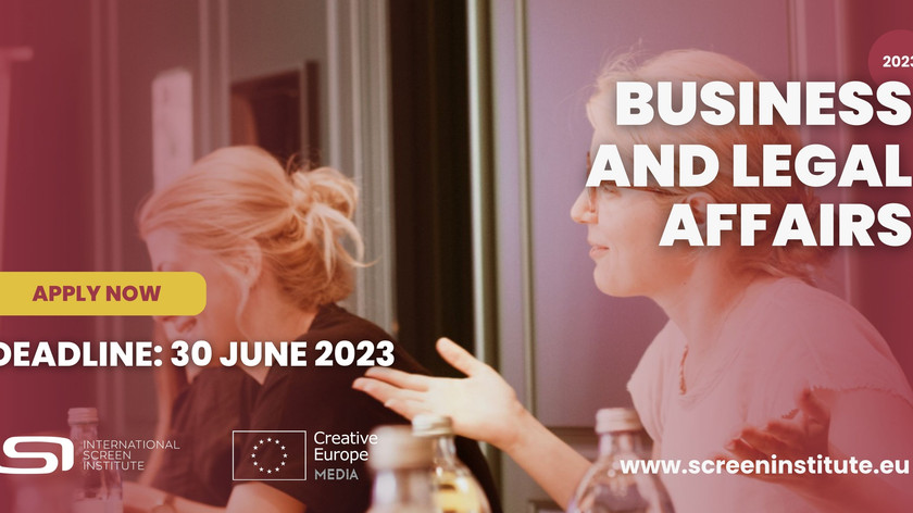 To kvinner med blondt hår sitter ved et bord i et rom. Apply now. Deadline: 30 June 2023 Business and legal affairs 2023. www.screeninstitute.eu Logoer. Foto/illustrasjon