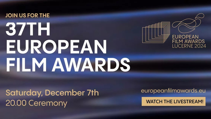 Illustrasjon. Join us for the 37th European Film Awards. Saturday, December 7th 20.00 Ceremony. europeanflmawards.eu Watch the livestream! European Film Awards logo.