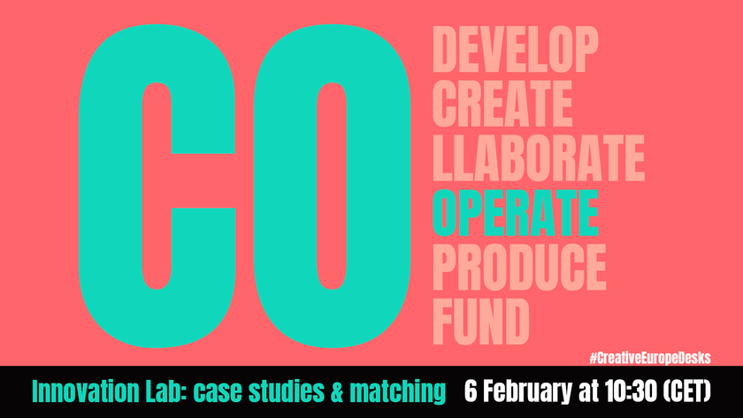 Illustrasjon. Co-develop, -create, -llaborate, -operate, -produce, -fund. Innovation Lab: case studies & matching 6 February at 10:30 (CET). #CreativeEuropeDesks