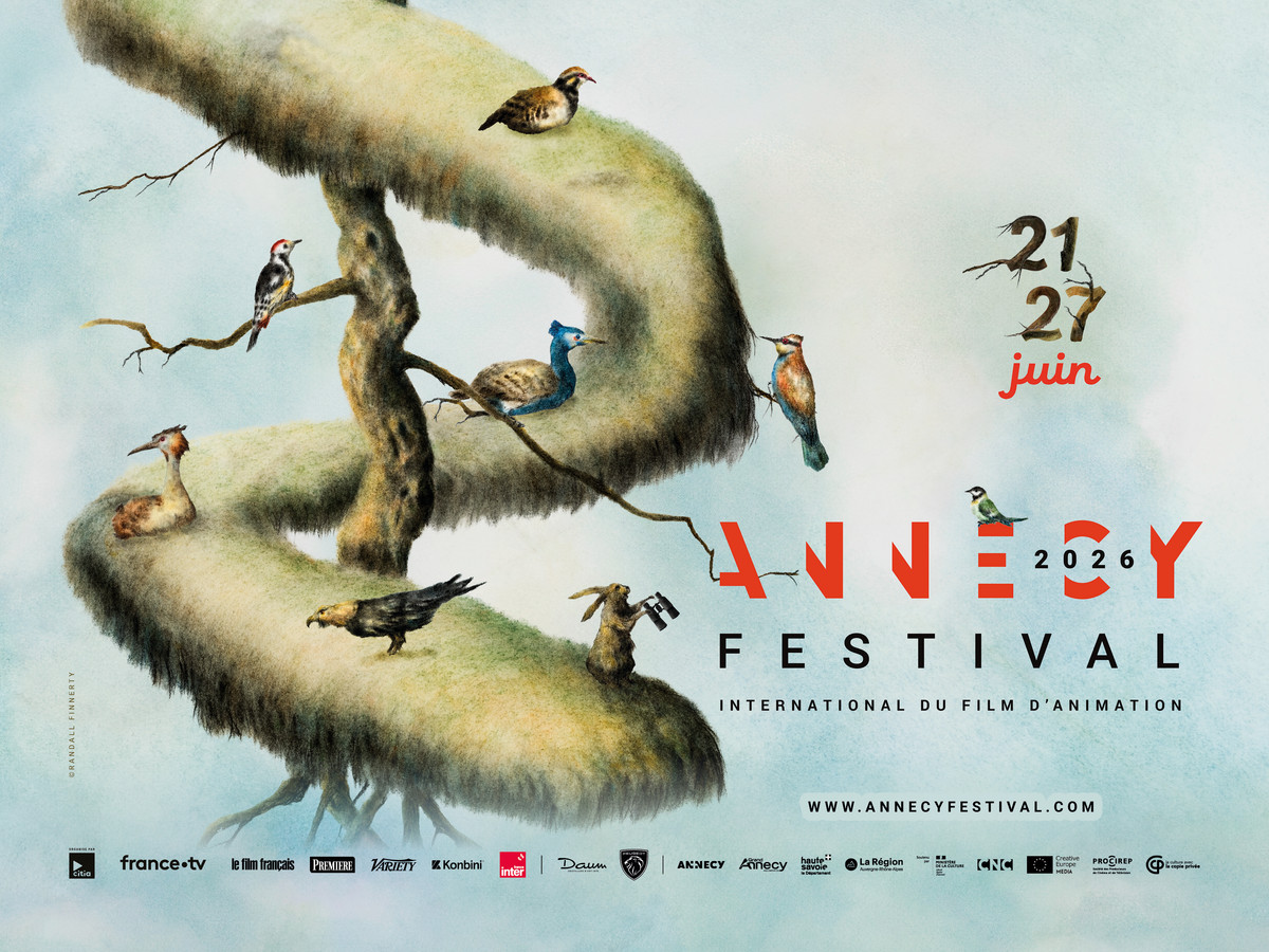 Illustrasjon. Fugler og en hare i et tre. Festivalplakat. Annecy Festival 2026. 21-27 juni. Loger.
