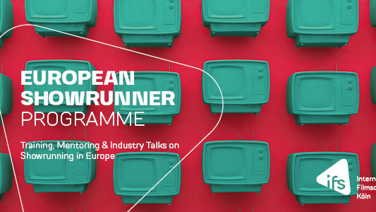 European Showrunner Programme, Training, Mentoring & Industry Talks on Showrunning in Europe. ifs-logo. Grønne TVer på grønn bakgrunn. Illustrasjon.