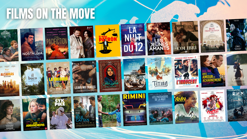 Films on the move. Kollage med filmplakater. Illustrasjon.