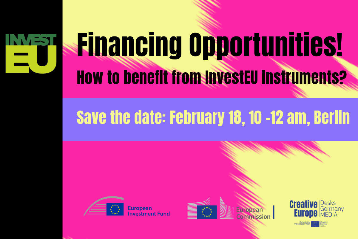 Illustrasjon. InvestEU. Financing opportunities! How to benefit from InvestEU instruments? Save the date: february 18, 10-12 am, Berlin.