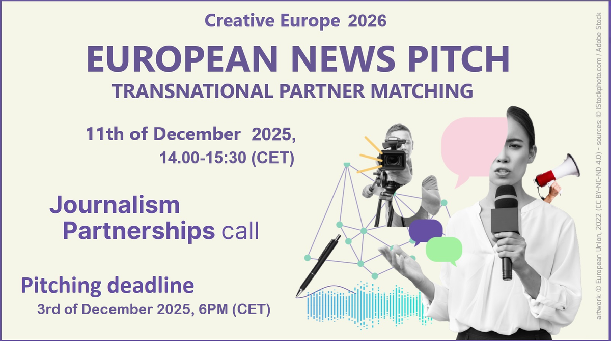 Illustrasjon. Creative Europe 2026. European News Pitch. Transnational partner matching. 11th December 2025, 14.00-15.00 (CET). Journalism Partnership call. Pitching deadlinge 3rd of Dec. 2025, 6pm (CET).