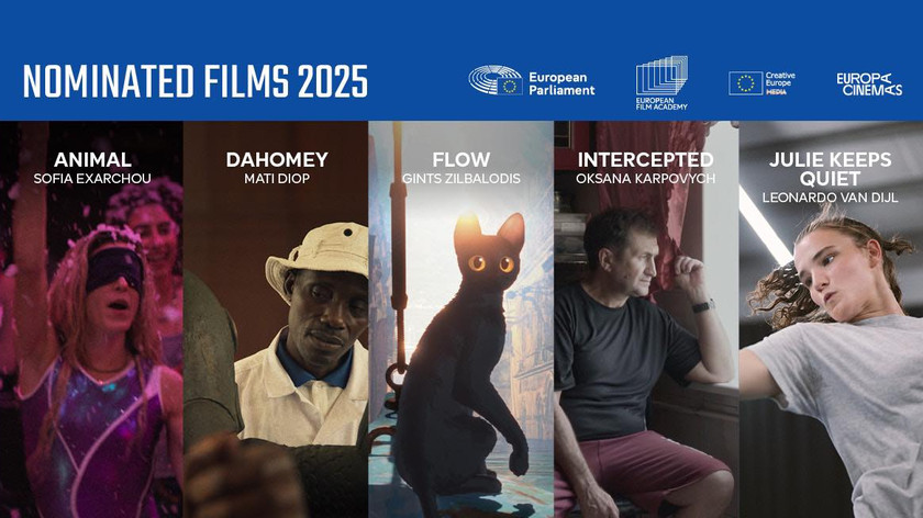 Illustrasjon/bilde. Nominated films 2025. Loger. Bilder fra fem filmer. med tittel og regissør.