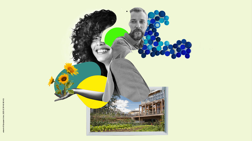 Kollasj med foto av en kvinne og en mann, blå flaskekorker, solsikker i en hånd og en åker foran et hus. Illustrasjon.