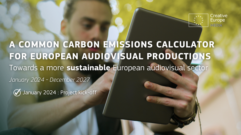 A common carbon emission calculator for European audioviusal productions. Towards a more sustainable European audiovisual sector. January 2024- December 2027. Januar 2024: Porject kick-off. Creative Europe MEDIA. En mann skriver på et nettbrett. Foto/illustrasjon.