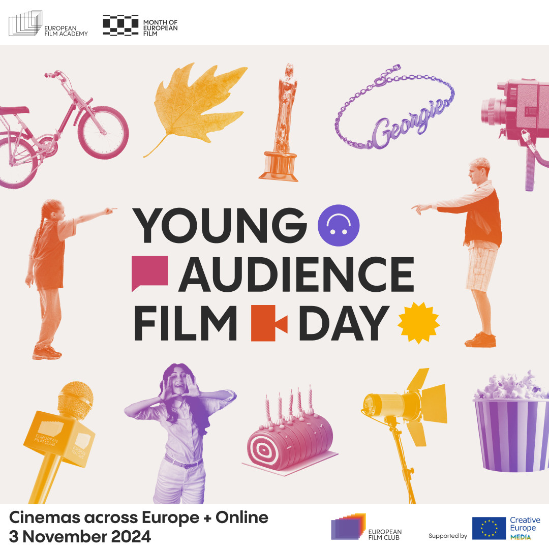 Illustrasjon. Kollasj med mange elementer. Young Audience Film Day. Cinemas across Europe + Online. 3 November 2024. Logoer.