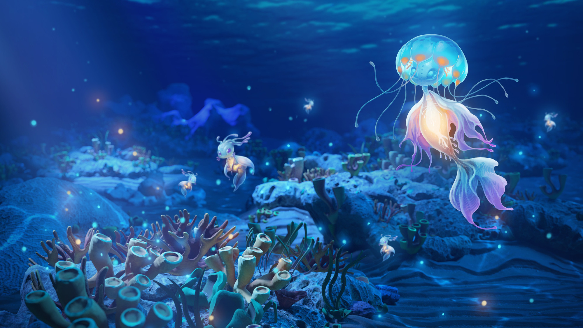 Illustrasjon. Undervannsverden med koraller og manetlingende vesen.