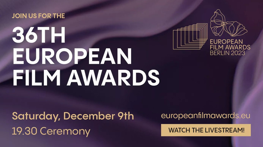 Join us for the 36th European Film Awards. Saturday, December 9th. 19.30 Ceremony. europeanfilmawards.eu Watch the livestream! European Film Awards Berlin 2023. Illustrasjon.
