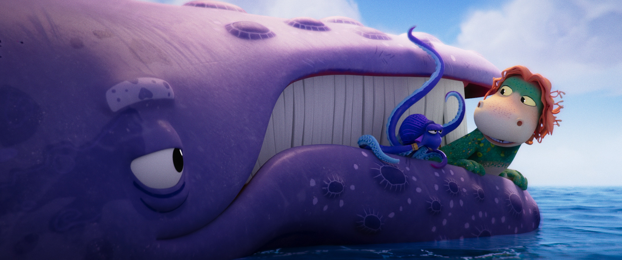 Illustrasjon. En blekksprut og en sjøorm sitter på underleppa til en stor hval.