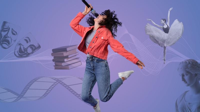 Illustrasjon. Kollasj av ulike elementer som en kvinne med mikrofon, en ballerina, en gresk statue, en bokstabel, en filmstripe og masker med sur og blid munn.
