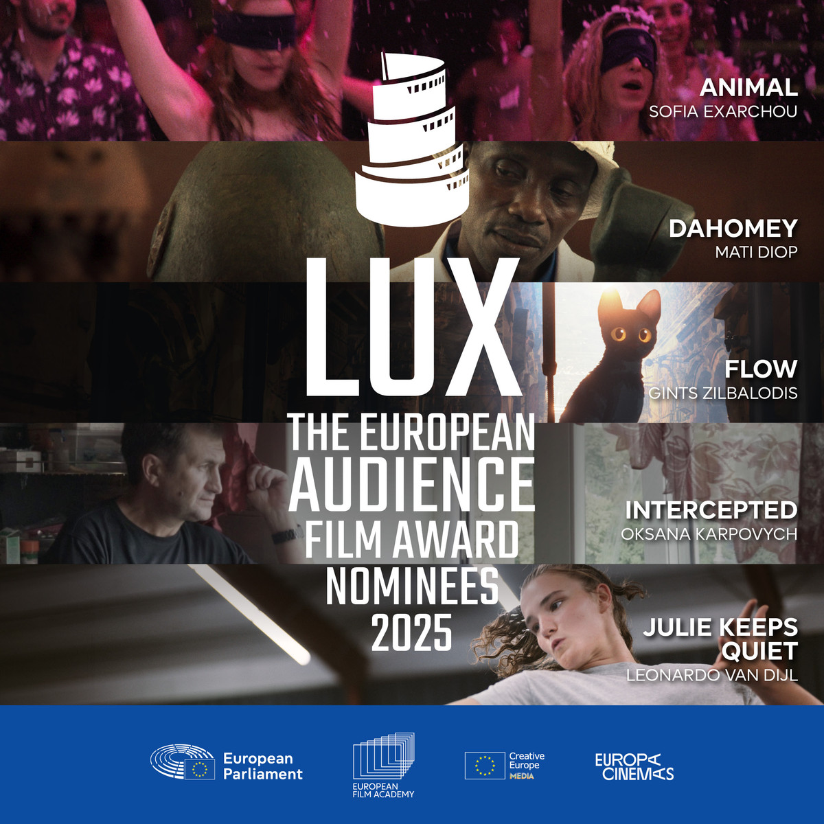 Illustrasjon/bilde. Nominated films 2025. Loger. Bilder fra fem filmer. med tittel og regissør.