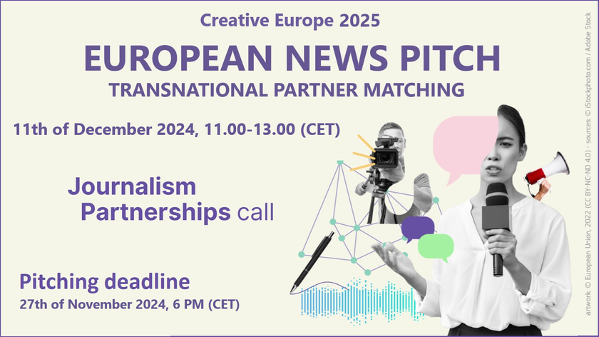 Illustrasjon. Creative Europe 2025. European News Pitch. Transnational Partner Matching. 11th of December 2024, 11.00-13.00 (CET). Journalism Partnership call. Pitching deadline 27th of November 2024, 6 pm (CET).