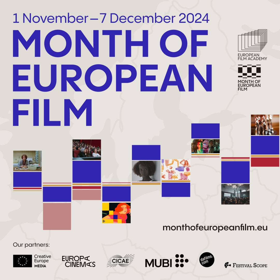 Illustrasjon. 1 November-7 December 2024. Month of European Film. Logoer og bilder.